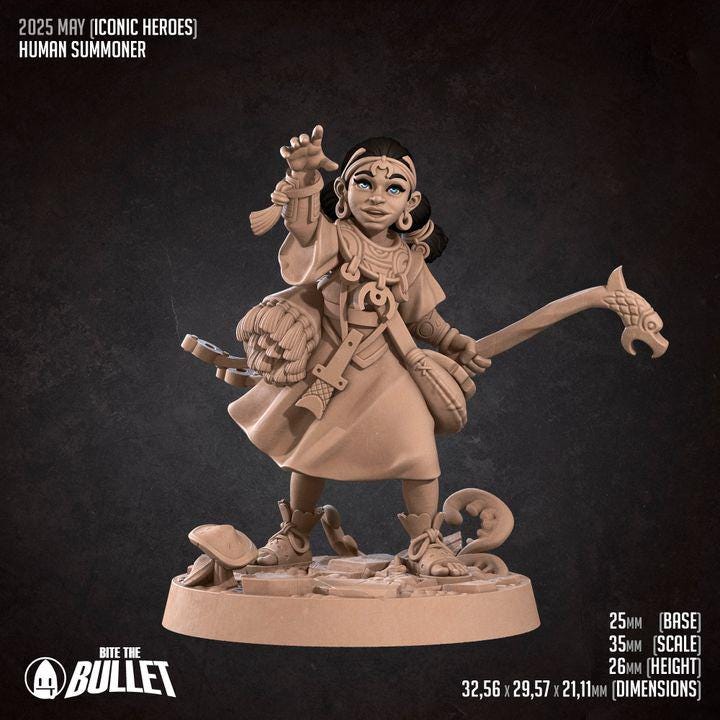 Human Summoner with Dragon - 32mm, 35mm Scale - Unpainted Miniature for DnD, Pathfinder, Tabletop RPGs - Bite the Bullet