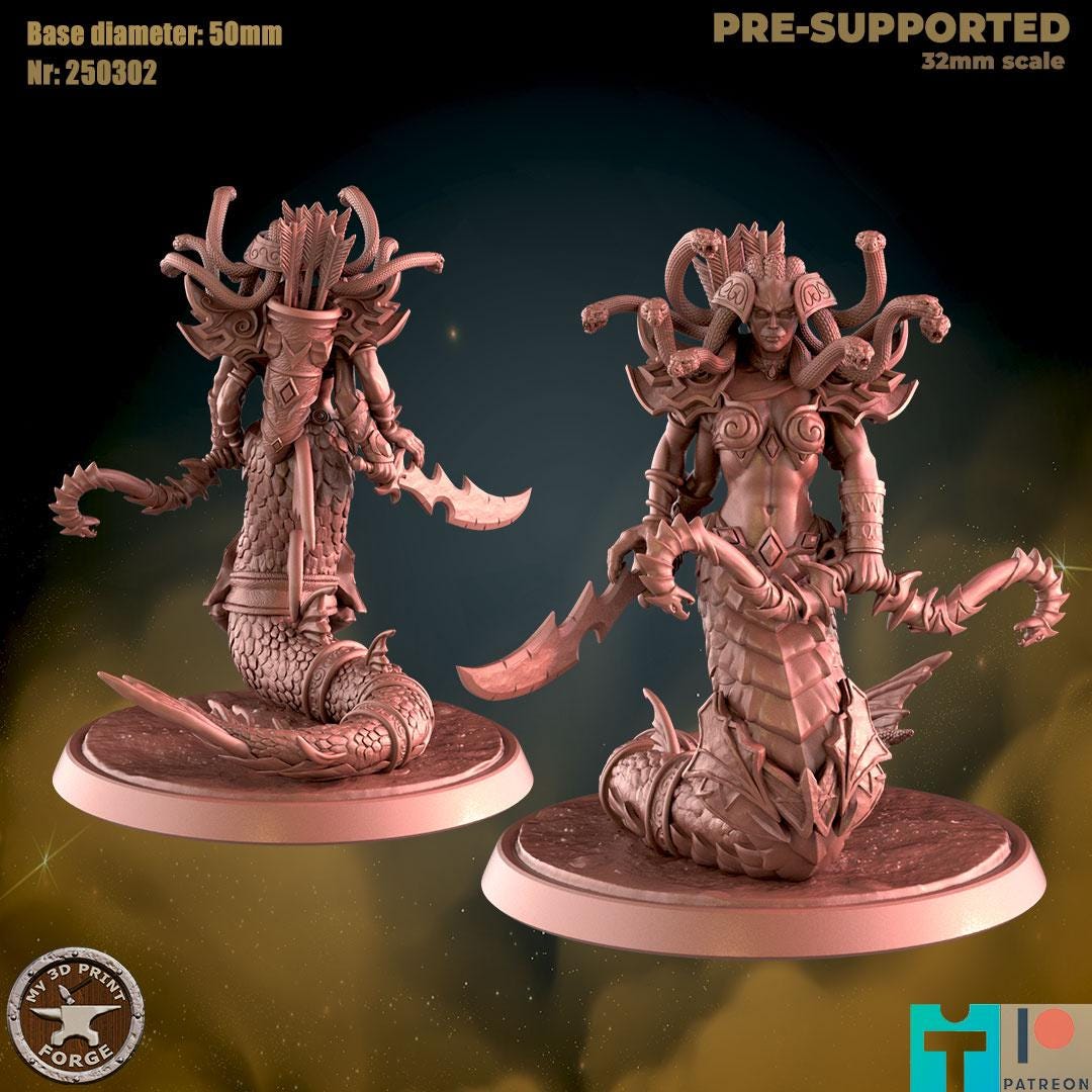 Female Naga Sea Witch Boss, 3 Poses - 32mm Scale, Large Creature - Unpainted Miniature for DnD, Pathfinder, Tabletop RPGs - My3dPrintForge