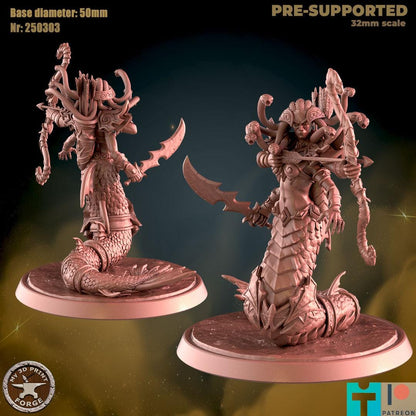 Female Naga Sea Witch Boss, 3 Poses - 32mm Scale, Large Creature - Unpainted Miniature for DnD, Pathfinder, Tabletop RPGs - My3dPrintForge