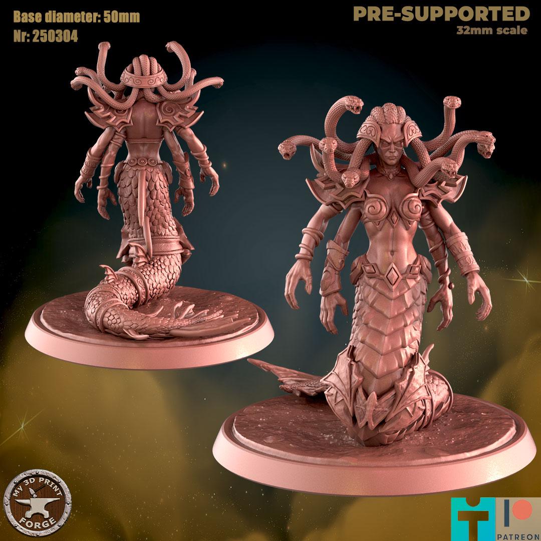 Female Naga Sea Witch Boss, 3 Poses - 32mm Scale, Large Creature - Unpainted Miniature for DnD, Pathfinder, Tabletop RPGs - My3dPrintForge