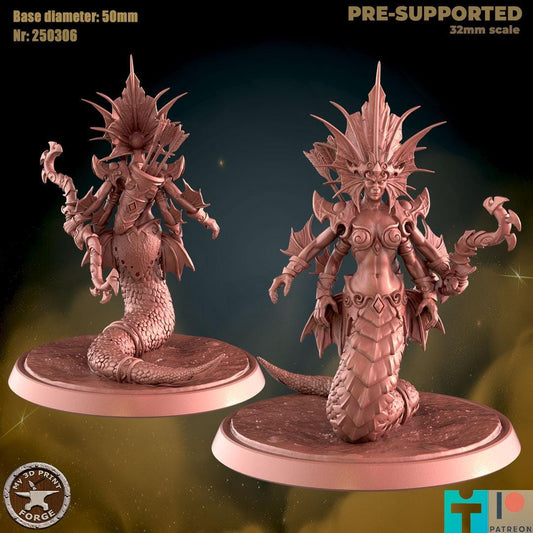 Naga Sea Witch, Bow, Two Poses - 32mm Scale, Large Creature - Unpainted Miniature for DnD, Pathfinder, Tabletop RPGs - My3dPrintForge