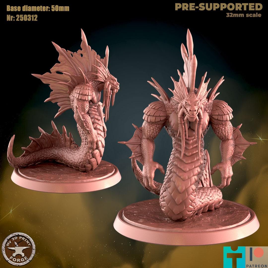 Naga Myrmidon- 32mm Scale, Large Creature - Unpainted Miniature for DnD, Pathfinder, Tabletop RPGs - My3dPrintForge
