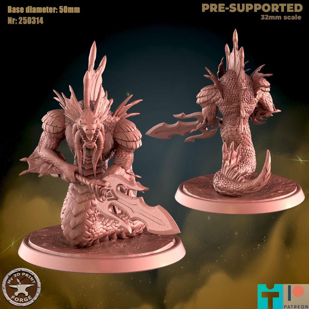 Naga Myrmidon with Weapon - 32mm Scale, Large Creature - Unpainted Miniature for DnD, Pathfinder, Tabletop RPGs - My3dPrintForge