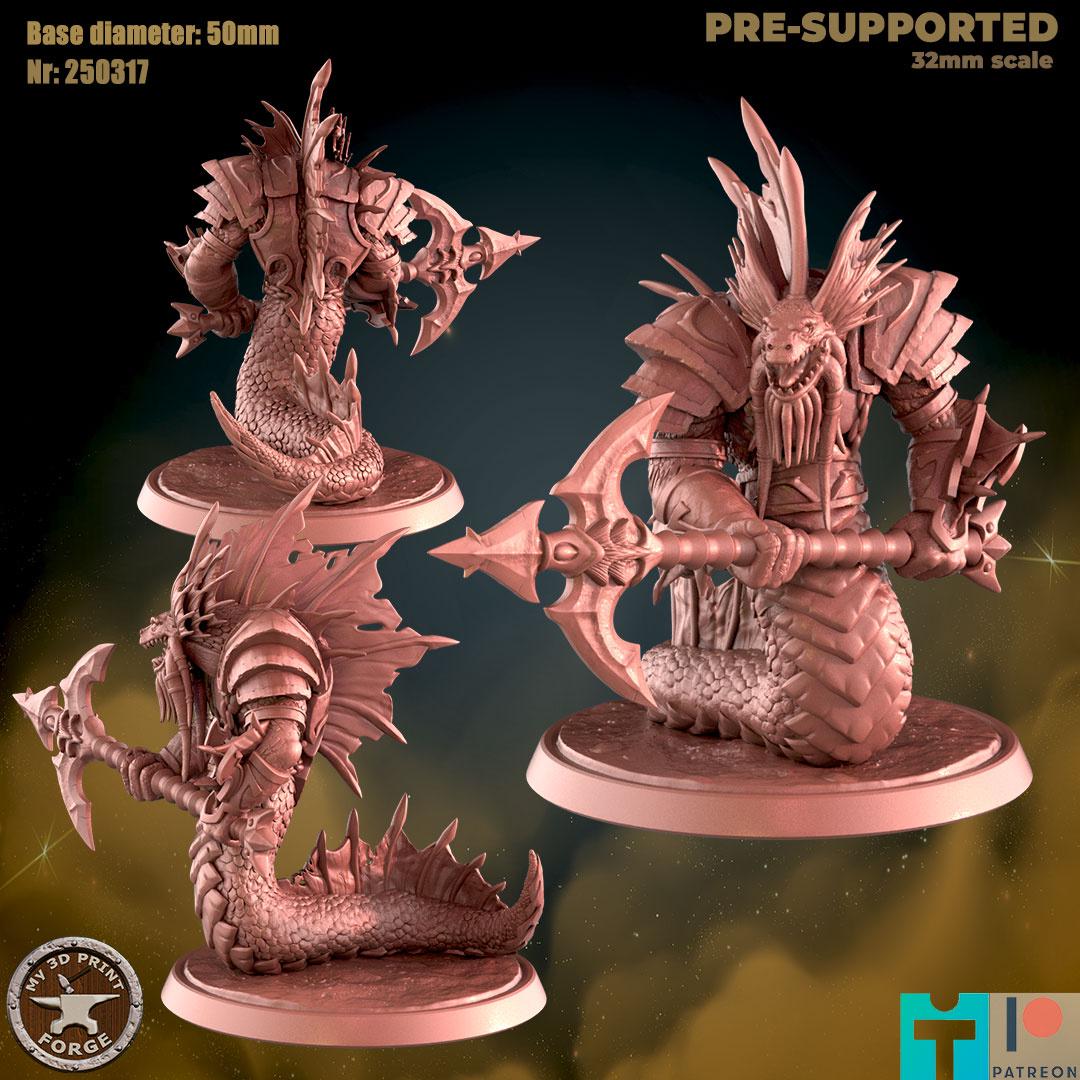 Naga Royal Guard, Three Poses - 32mm Scale, Large Creature - Unpainted Miniature for DnD, Pathfinder, Tabletop RPGs - My3dPrintForge