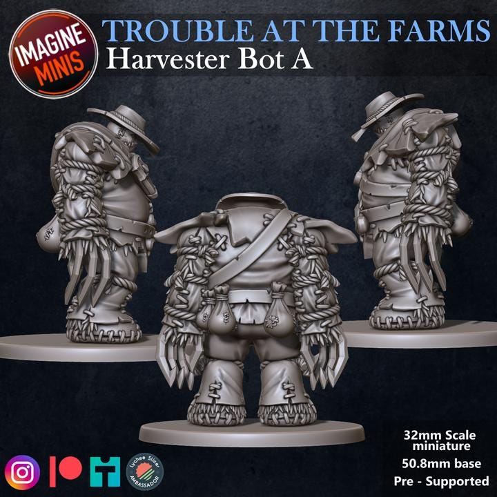 Harvester Bots, 4 Poses - Trouble at Farms Set - 32mm - Unpainted Miniature for DnD, Pathfinder, Tabletop RPGs - Imagine Minis