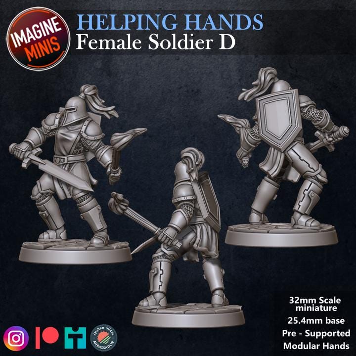 Female Soldier, Pose D - Helping Hands Set - 32mm Scale - Unpainted Miniature for DnD, Pathfinder, Tabletop RPGs - Imagine Minis
