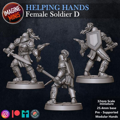 Female Soldier, Pose D - Helping Hands Set - 32mm Scale - Unpainted Miniature for DnD, Pathfinder, Tabletop RPGs - Imagine Minis