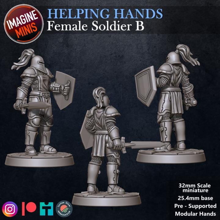 Female Soldier, Pose B - Helping Hands Set - 32mm Scale - Unpainted Miniature for DnD, Pathfinder, Tabletop RPGs - Imagine Minis