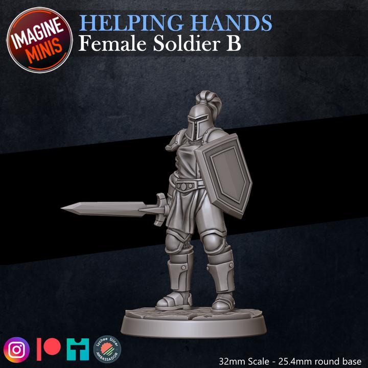 Female Soldier, Pose B - Helping Hands Set - 32mm Scale - Unpainted Miniature for DnD, Pathfinder, Tabletop RPGs - Imagine Minis