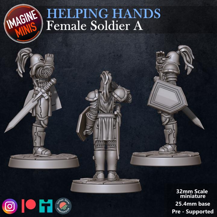 Female Soldier, Pose A - Helping Hands Set - 32mm Scale - Unpainted Miniature for DnD, Pathfinder, Tabletop RPGs - Imagine Minis