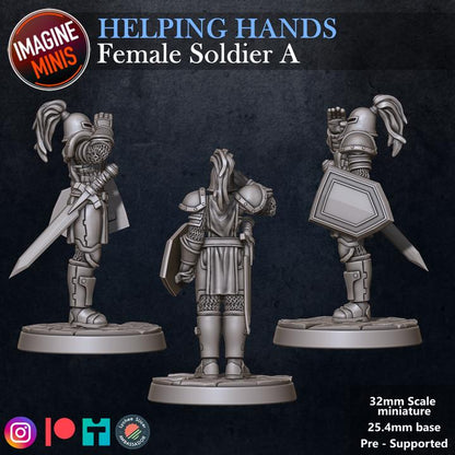 Female Soldier, Pose A - Helping Hands Set - 32mm Scale - Unpainted Miniature for DnD, Pathfinder, Tabletop RPGs - Imagine Minis