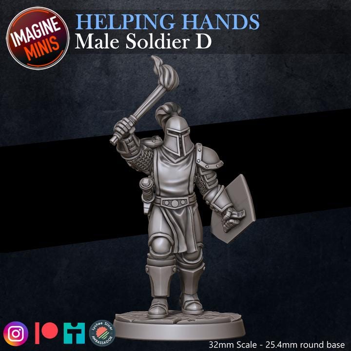 Male Soldier, Pose D - Helping Hands Set - 32mm Scale - Unpainted Miniature for DnD, Pathfinder, Tabletop RPGs - Imagine Minis