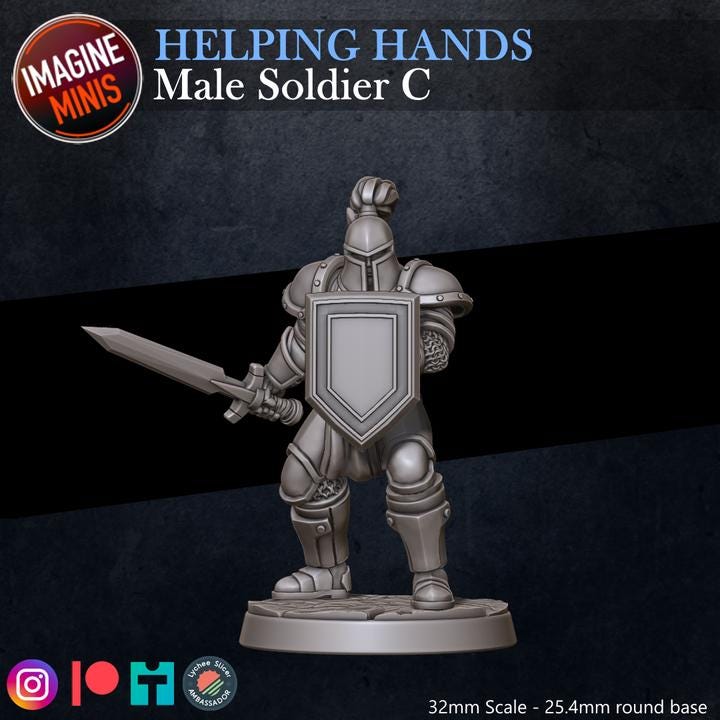 Male Soldier, Pose C - Helping Hands Set - 32mm Scale - Unpainted Miniature for DnD, Pathfinder, Tabletop RPGs - Imagine Minis