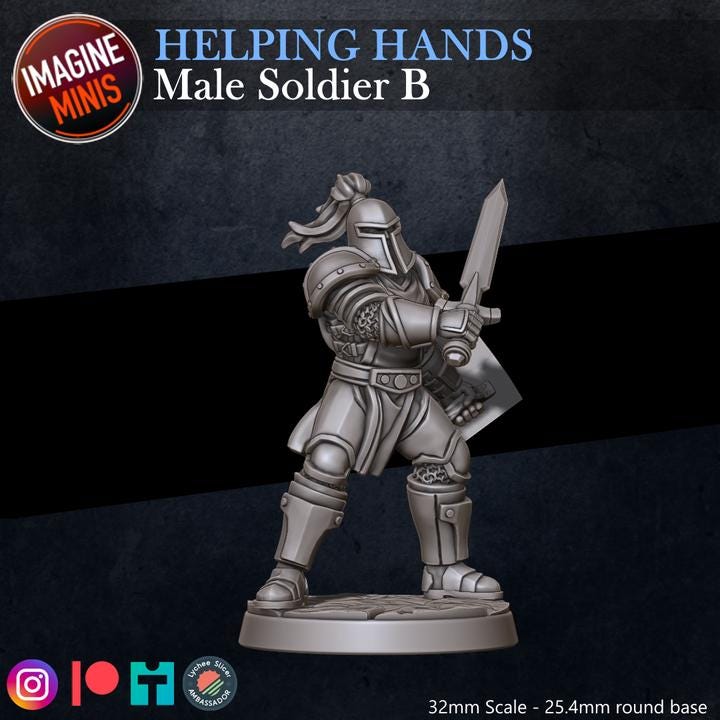 Male Soldier, Pose B - Helping Hands Set - 32mm Scale - Unpainted Miniature for DnD, Pathfinder, Tabletop RPGs - Imagine Minis