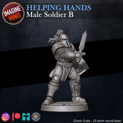 Male Soldier, Pose B - Helping Hands Set - 32mm Scale - Unpainted Miniature for DnD, Pathfinder, Tabletop RPGs - Imagine Minis