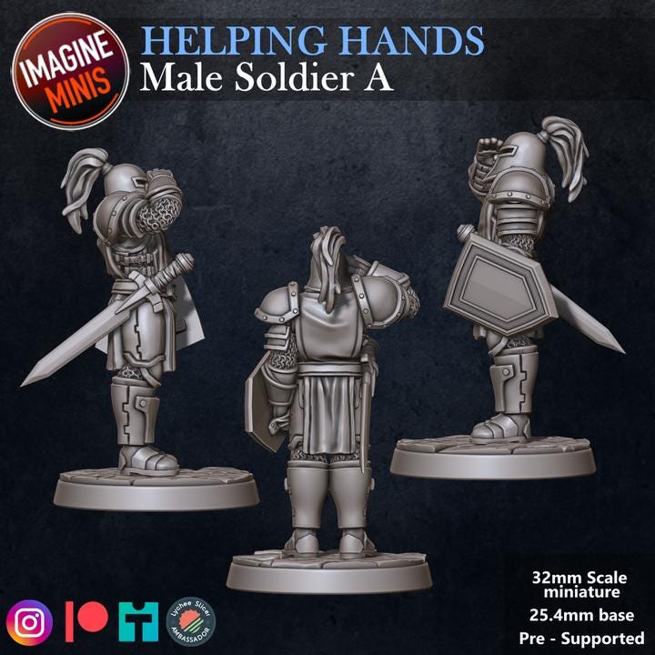 Male Soldier, Pose A - Helping Hands Set - 32mm Scale - Unpainted Miniature for DnD, Pathfinder, Tabletop RPGs - Imagine Minis