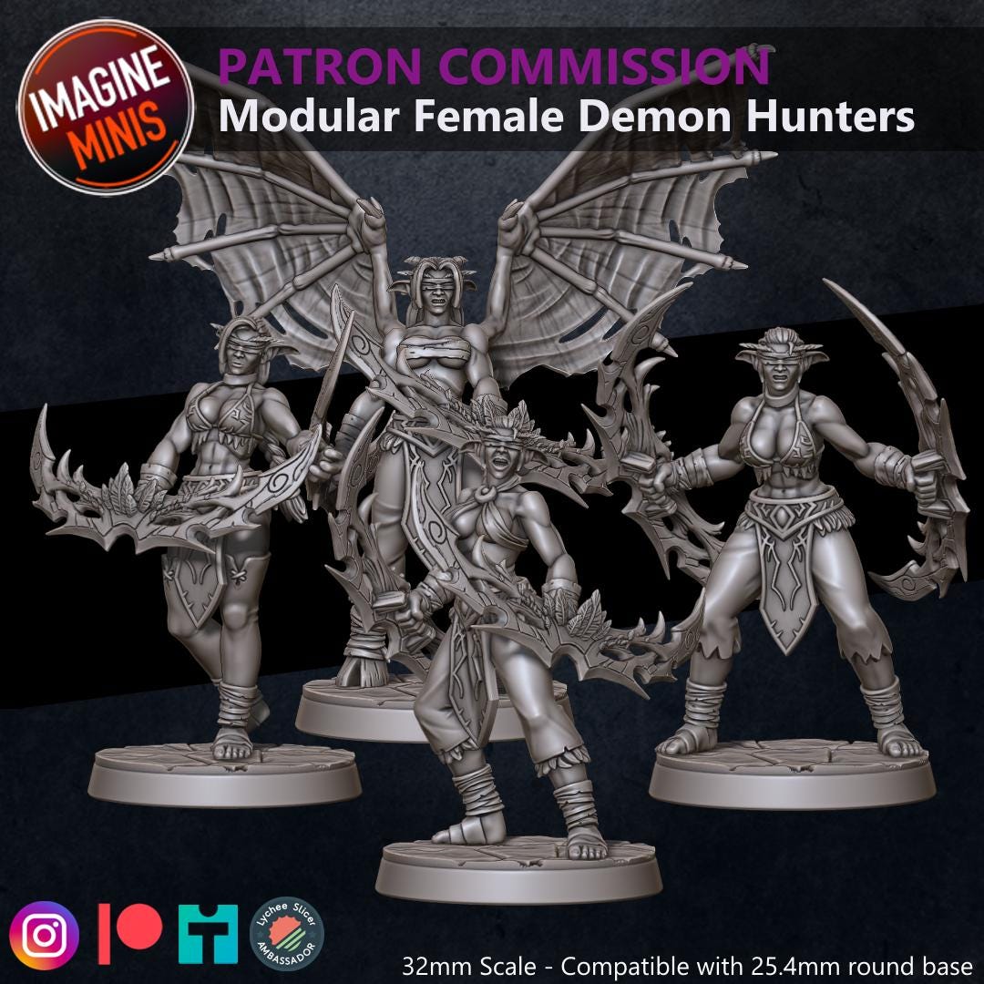 Female Demon Hunters - 32mm Scale - Unpainted Miniature for DnD, Pathfinder, Tabletop RPGs - Imagine Minis