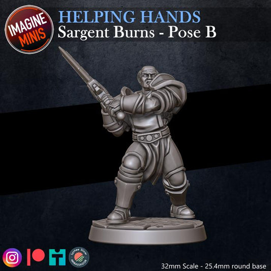 Sergeant Burns, Attacking Pose - Helping Hands Set - 32mm Scale - Unpainted Miniature for DnD, Pathfinder, Tabletop RPGs - Imagine Minis
