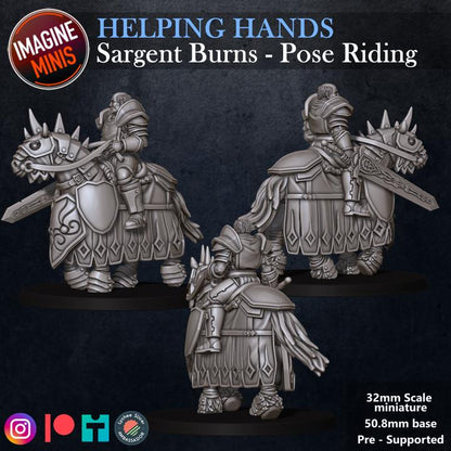 Sergeant Burns, Mounted - Helping Hands Set - 32mm Scale - Unpainted Miniature for DnD, Pathfinder, Tabletop RPGs - Imagine Minis