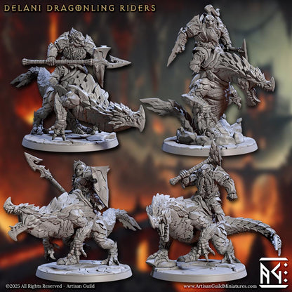 Delani Dragonling Riders, Magmaforged Dwarves - 32mm Scale - Unpainted Miniature for DnD, Pathfinder, Tabletop RPGs - Artisan Guild