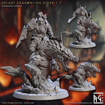 Delani Dragonling Riders, Magmaforged Dwarves - 32mm Scale - Unpainted Miniature for DnD, Pathfinder, Tabletop RPGs - Artisan Guild