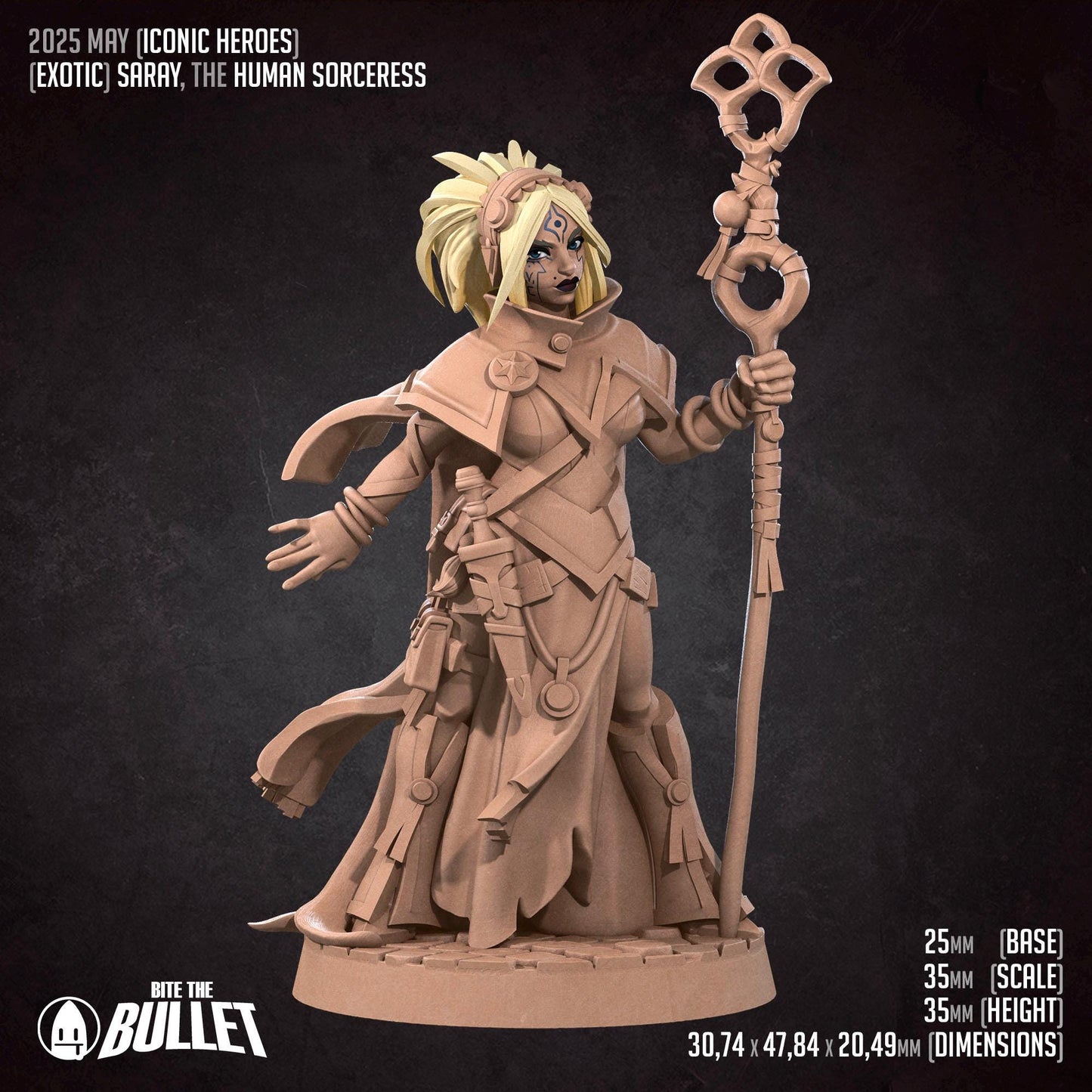 Saray, the Human Sorceress, Pinup - 32mm, 35mm Scale - Unpainted Miniature for DnD, Pathfinder, Tabletop RPGs - Bite the Bullet