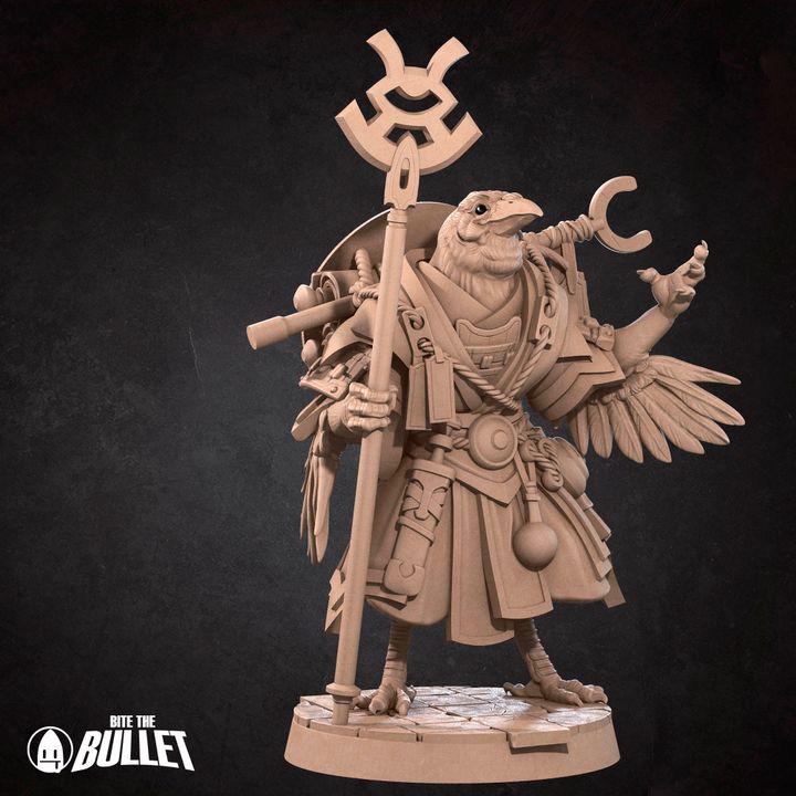 Kenku Druid, Tengu Oracle - 32mm, 35mm Scale - Unpainted Miniature for DnD, Pathfinder, Tabletop RPGs - Bite the Bullet