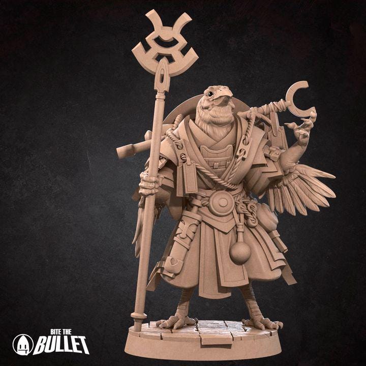 Kenku Druid, Tengu Oracle - 32mm, 35mm Scale - Unpainted Miniature for DnD, Pathfinder, Tabletop RPGs - Bite the Bullet
