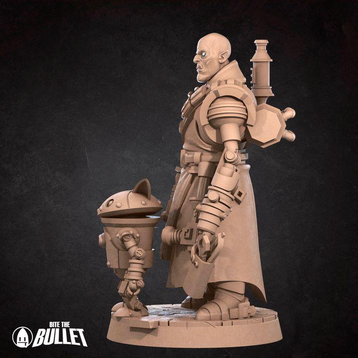 Half Orc Inventor, Artificer with Robot - 32mm, 35mm Scale - Unpainted Miniature for DnD, Pathfinder, Tabletop RPGs - Bite the Bullet
