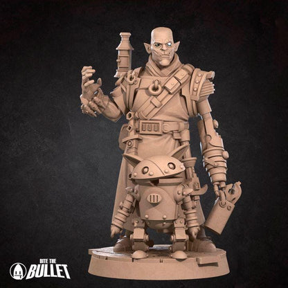 Half Orc Inventor, Artificer with Robot - 32mm, 35mm Scale - Unpainted Miniature for DnD, Pathfinder, Tabletop RPGs - Bite the Bullet