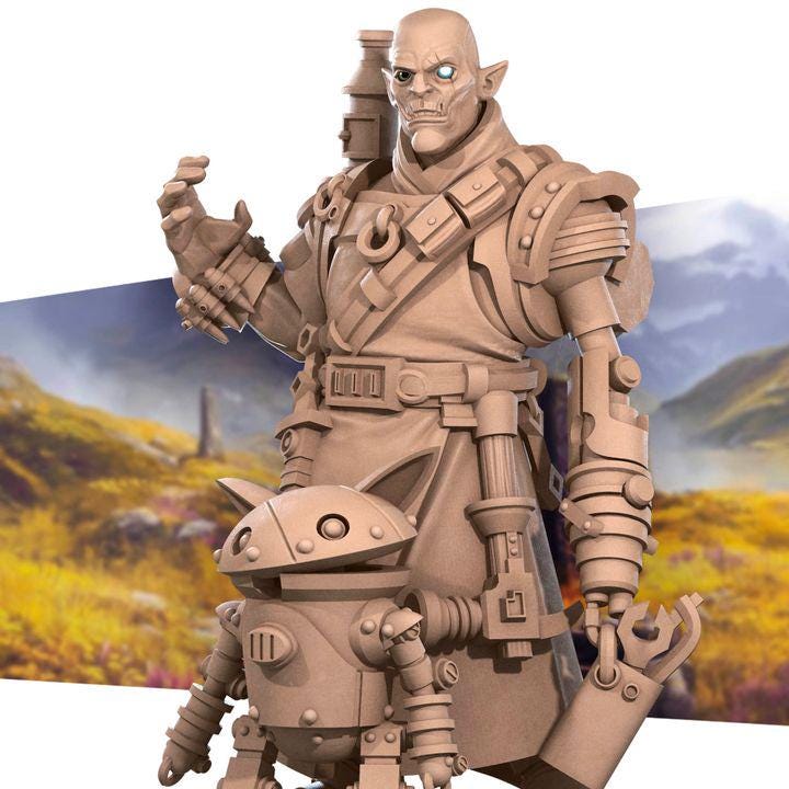 Half Orc Inventor, Artificer with Robot - 32mm, 35mm Scale - Unpainted Miniature for DnD, Pathfinder, Tabletop RPGs - Bite the Bullet