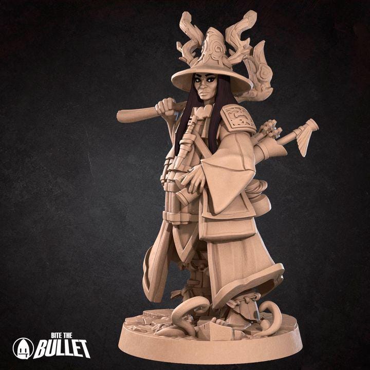 Human Animist, Human Druid with Deer - 32mm, 35mm Scale - Unpainted Miniature for DnD, Pathfinder, Tabletop RPGs - Bite the Bullet
