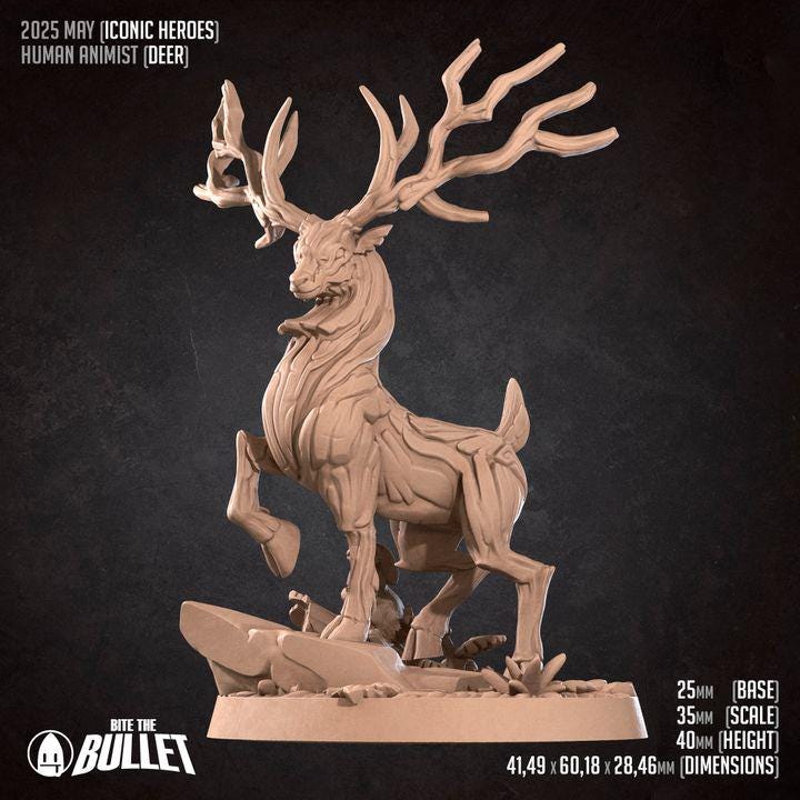 Human Animist, Human Druid with Deer - 32mm, 35mm Scale - Unpainted Miniature for DnD, Pathfinder, Tabletop RPGs - Bite the Bullet