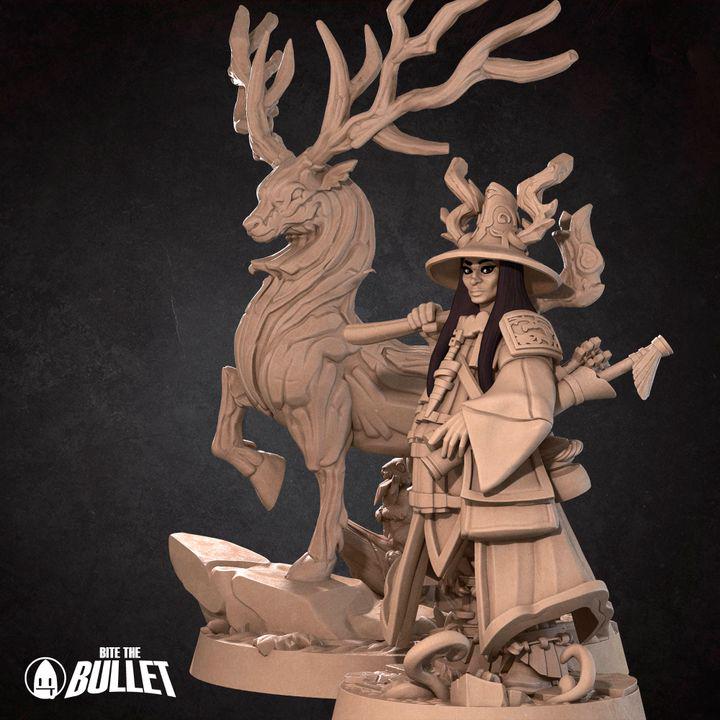 Human Animist, Human Druid with Deer - 32mm, 35mm Scale - Unpainted Miniature for DnD, Pathfinder, Tabletop RPGs - Bite the Bullet