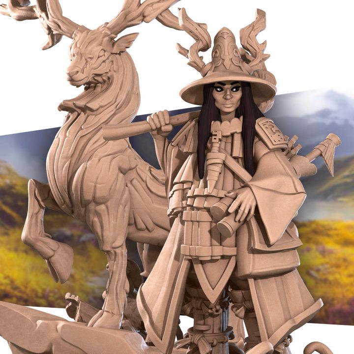 Human Animist, Human Druid with Deer - 32mm, 35mm Scale - Unpainted Miniature for DnD, Pathfinder, Tabletop RPGs - Bite the Bullet