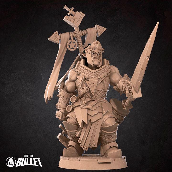Half Orc War Priest, Paladin - 32mm, 35mm Scale - Unpainted Miniature for DnD, Pathfinder, Tabletop RPGs - Bite the Bullet