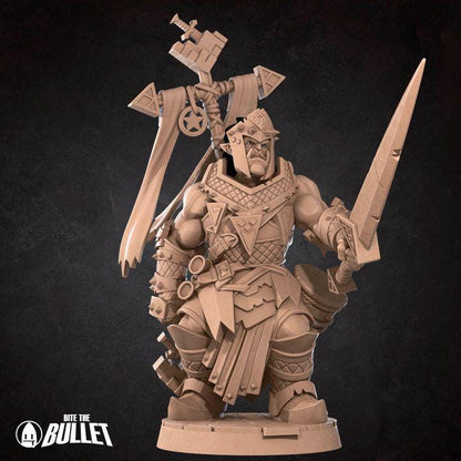 Half Orc War Priest, Paladin - 32mm, 35mm Scale - Unpainted Miniature for DnD, Pathfinder, Tabletop RPGs - Bite the Bullet
