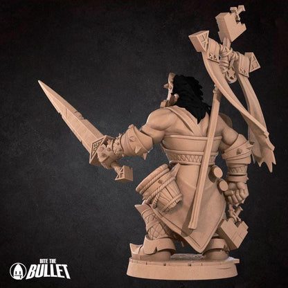 Half Orc War Priest, Paladin - 32mm, 35mm Scale - Unpainted Miniature for DnD, Pathfinder, Tabletop RPGs - Bite the Bullet