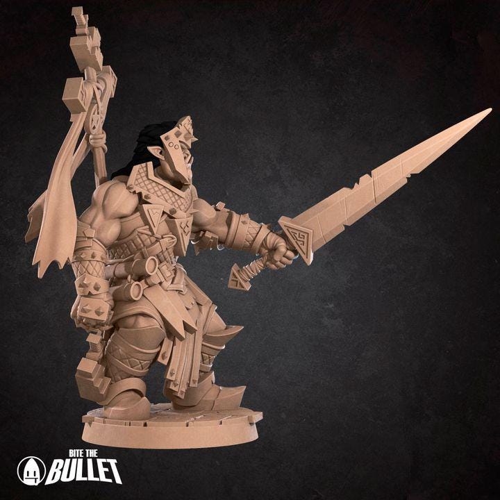 Half Orc War Priest, Paladin - 32mm, 35mm Scale - Unpainted Miniature for DnD, Pathfinder, Tabletop RPGs - Bite the Bullet