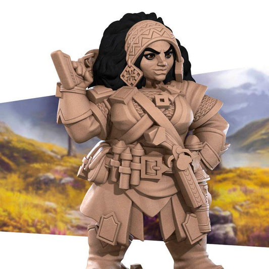 Female Dwarf Gunslinger - 32mm, 35mm Scale - Unpainted Miniature for DnD, Pathfinder, Tabletop RPGs - Bite the Bullet