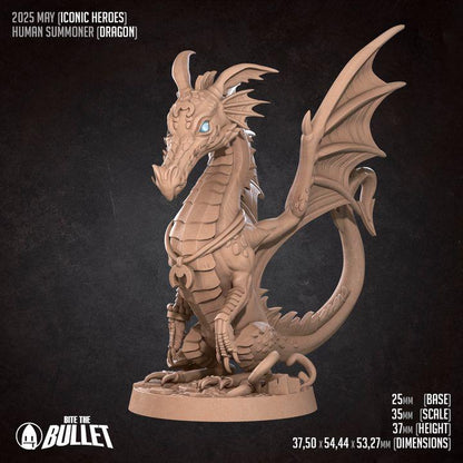Human Summoner with Dragon - 32mm, 35mm Scale - Unpainted Miniature for DnD, Pathfinder, Tabletop RPGs - Bite the Bullet