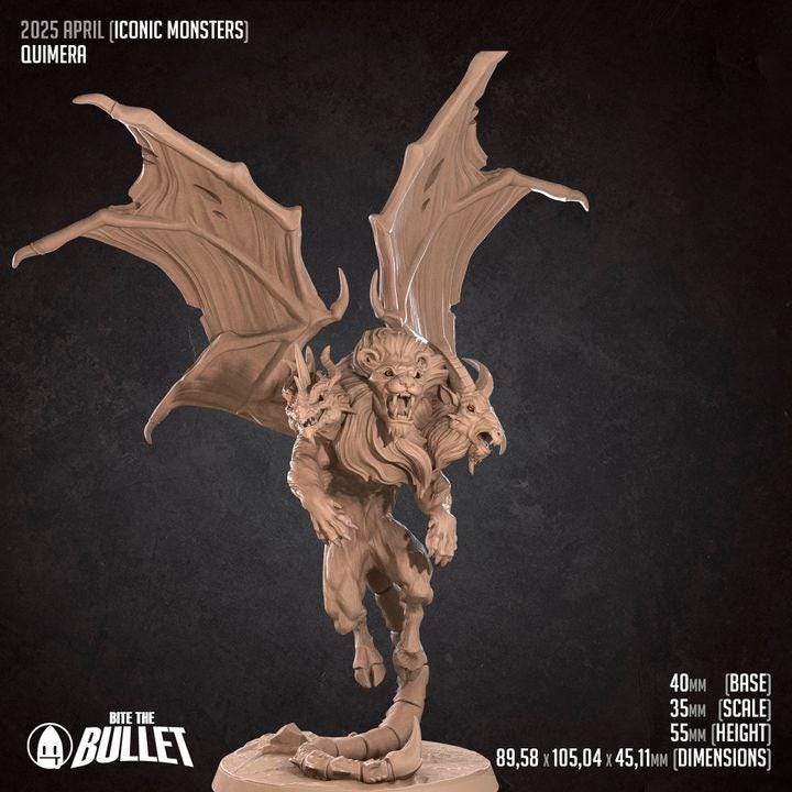 Chimera - 32mm, 35mm Scale - Unpainted Miniature for DnD, Pathfinder, Tabletop RPGs - Bite the Bullet