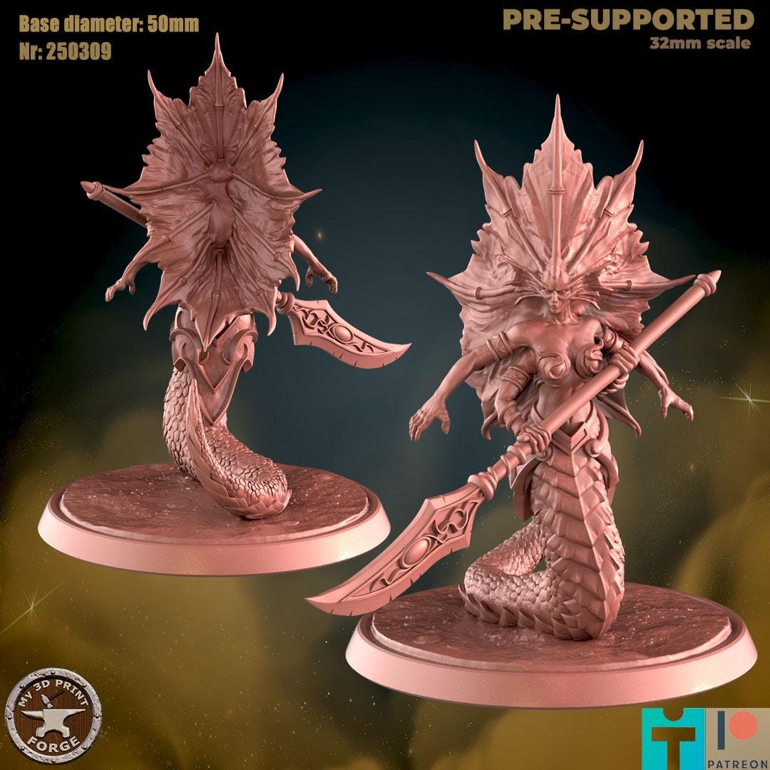 Naga Summoner, Two Poses - 32mm Scale, Large Creature - Unpainted Miniature for DnD, Pathfinder, Tabletop RPGs - My3dPrintForge