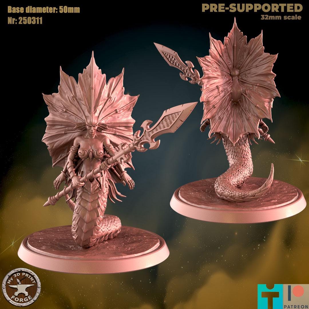 Naga Siren, Two Poses - 32mm Scale, Large Creature - Unpainted Miniature for DnD, Pathfinder, Tabletop RPGs - My3dPrintForge