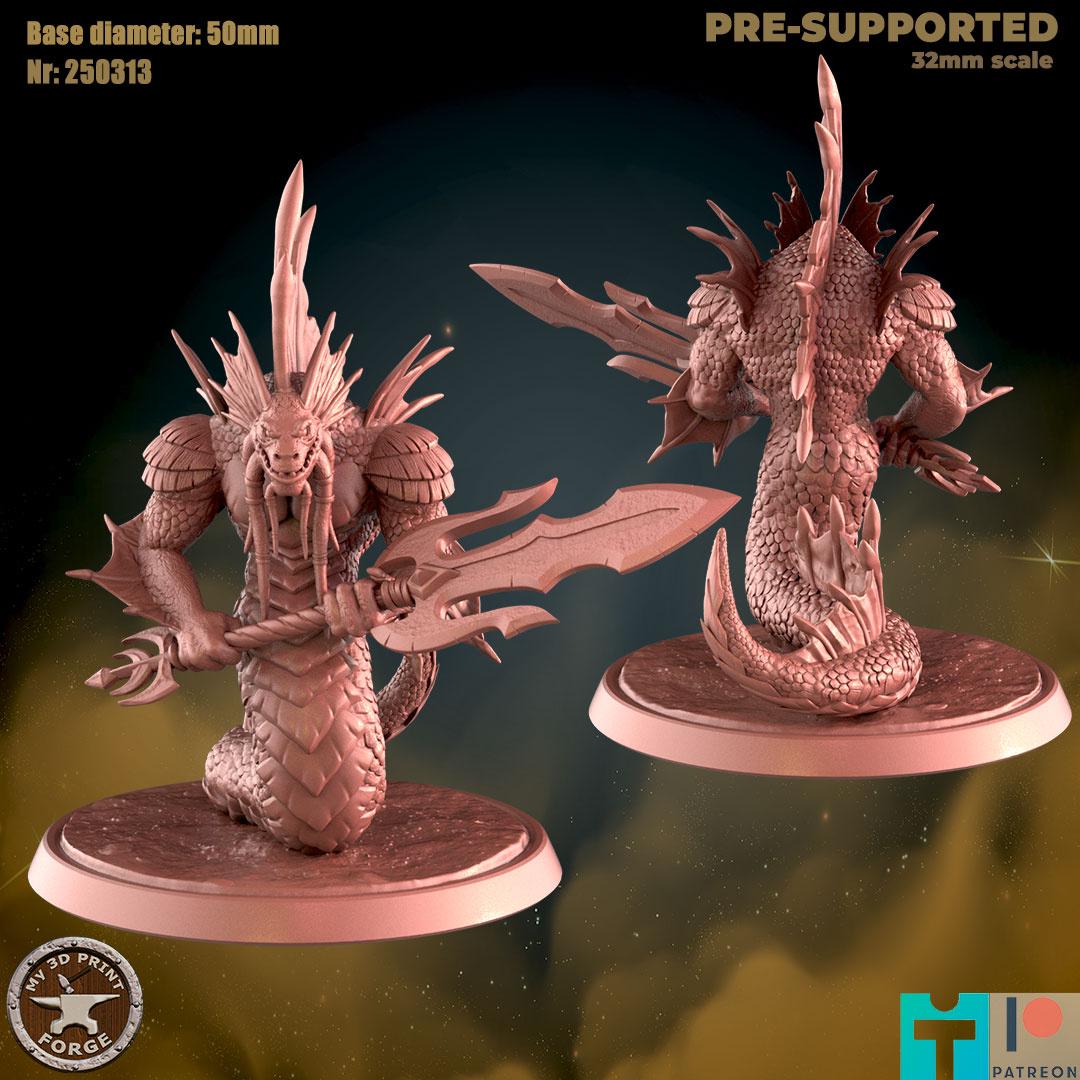 Naga Myrmidon with Weapon - 32mm Scale, Large Creature - Unpainted Miniature for DnD, Pathfinder, Tabletop RPGs - My3dPrintForge