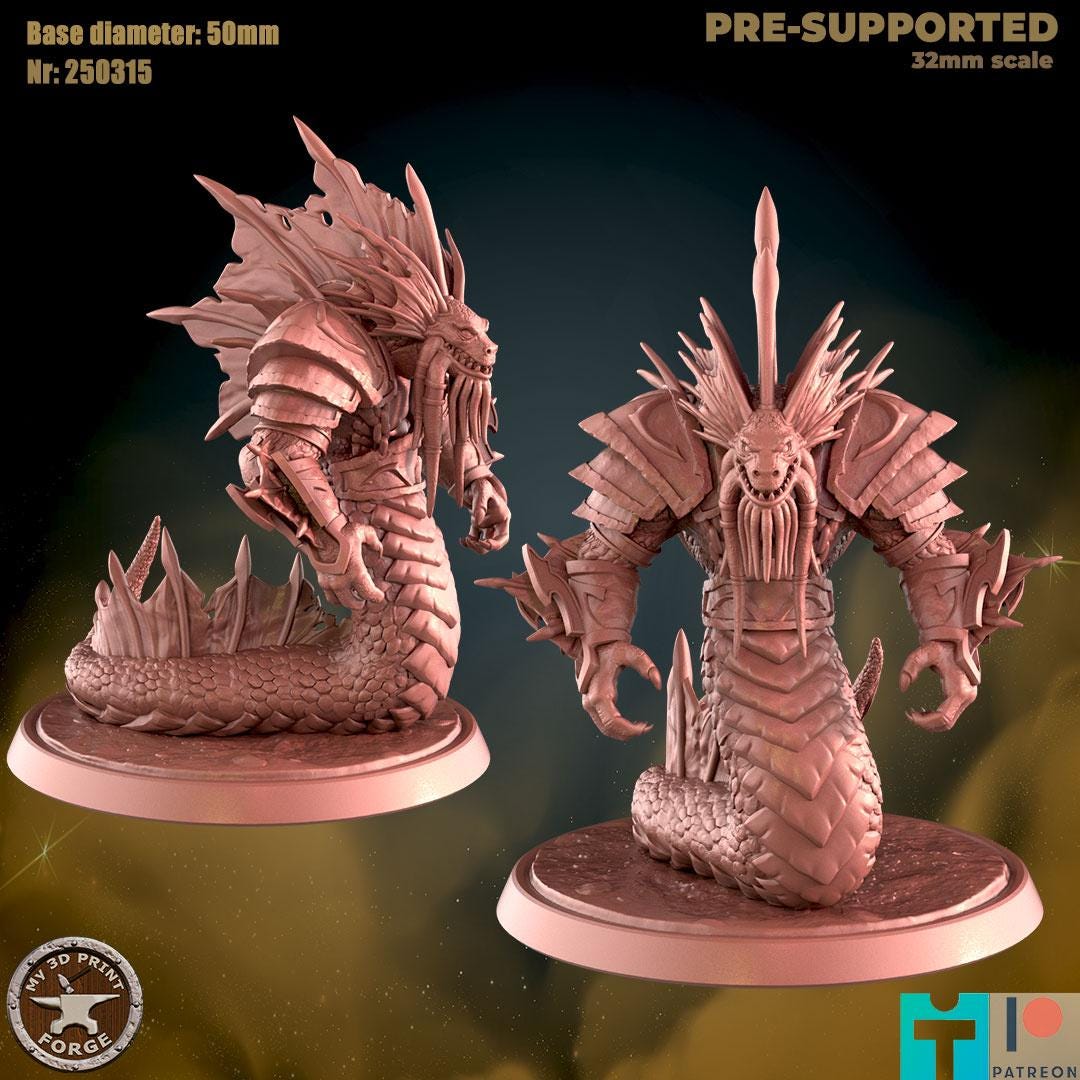 Naga Royal Guard, Three Poses - 32mm Scale, Large Creature - Unpainted Miniature for DnD, Pathfinder, Tabletop RPGs - My3dPrintForge
