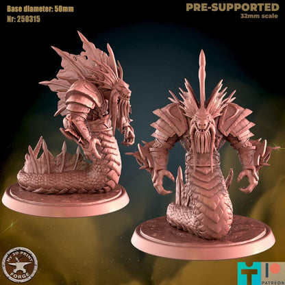 Naga Royal Guard, Three Poses - 32mm Scale, Large Creature - Unpainted Miniature for DnD, Pathfinder, Tabletop RPGs - My3dPrintForge