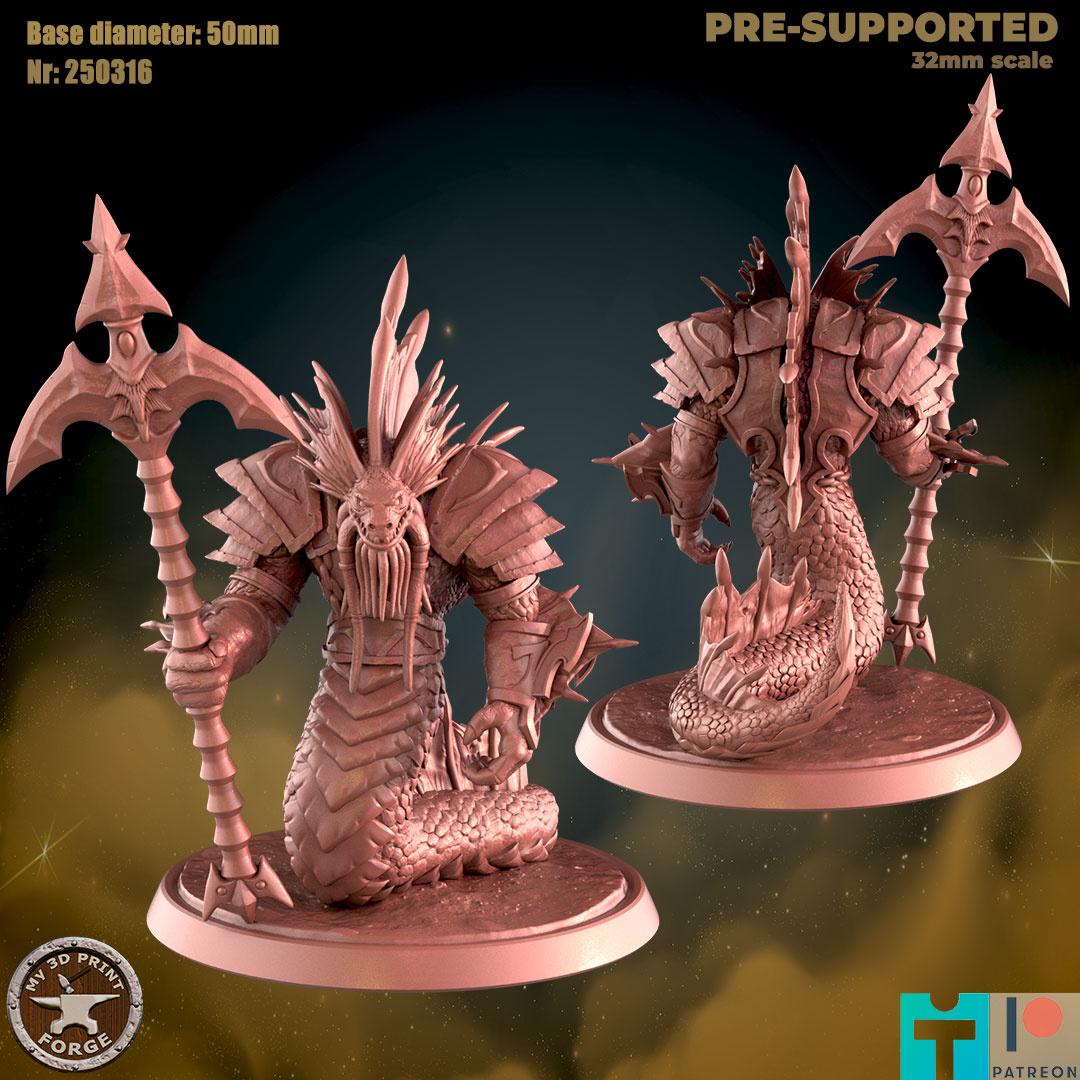 Naga Royal Guard, Three Poses - 32mm Scale, Large Creature - Unpainted Miniature for DnD, Pathfinder, Tabletop RPGs - My3dPrintForge
