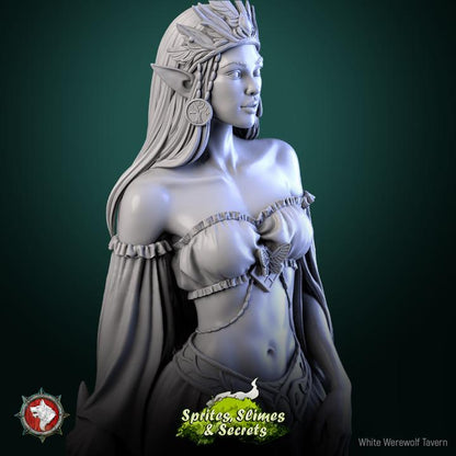 Elven Queen, Eiraina Silversprout - 32mm, 75mm Scale - Unpainted Miniature for DnD, Pathfinder, Tabletop RPGs - White Werewolf Tavern