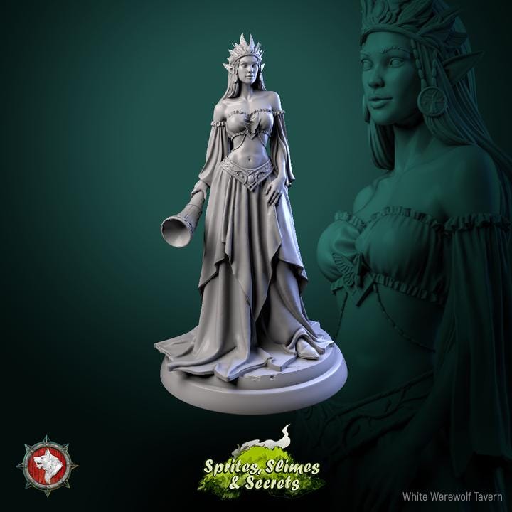 Elven Queen, Eiraina Silversprout - 32mm, 75mm Scale - Unpainted Miniature for DnD, Pathfinder, Tabletop RPGs - White Werewolf Tavern